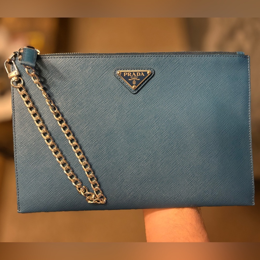 NWOT Prada Saffiano Leather Zip Pouch Clutch / Document Holder 11x7” Cobalt Blue